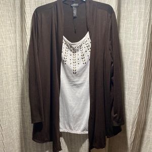Brown cardigan with built in white tank top with jewels